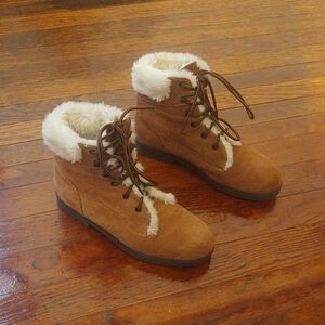 Amanda Smith Brown Leather/Suede Combat Boots with Faux Fur Trim Sz 6